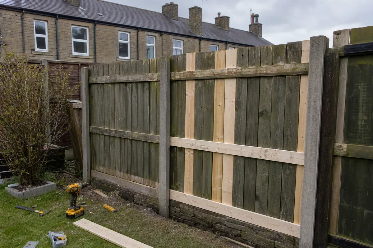 Damaged garden fence being repaired in Burnley